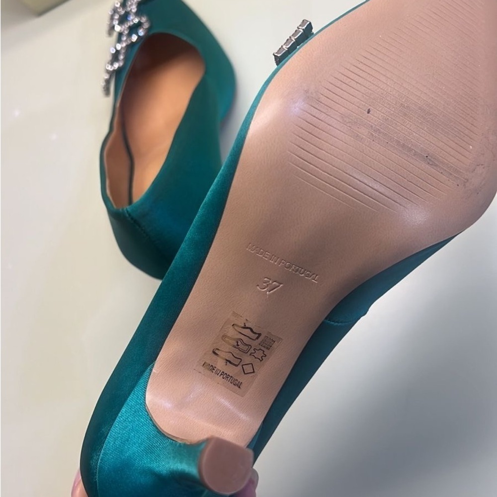 Day Birger et Mikkelsen Elegant Teal Satin Heels with Crystal Embellishments - Picture 4 of 11